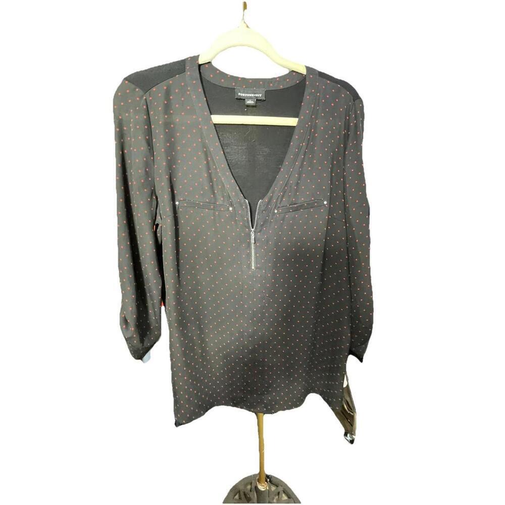 Fortune and Ivy Blouse L black top w/ red dots Zip Front 3/4 Sleeves Stretch